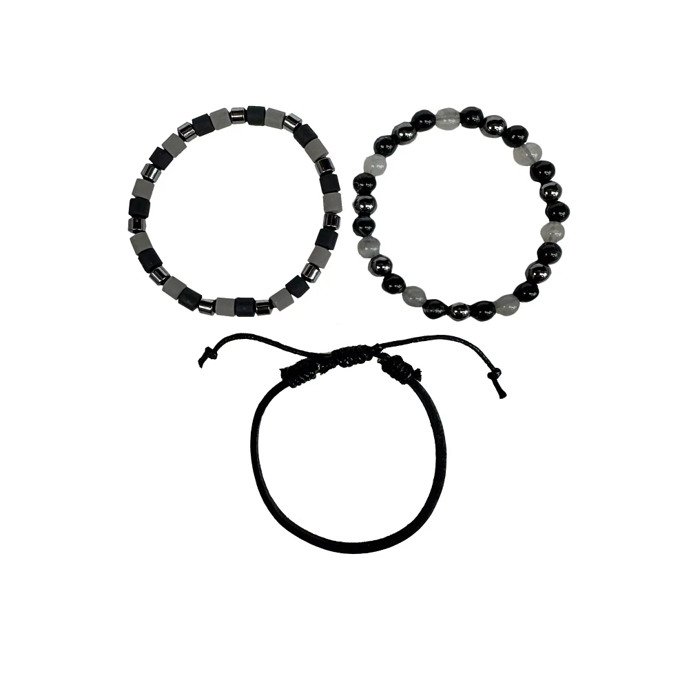 Multi-Pack Black and Grey Beaded and Leather Bracelets - 3 Pack
