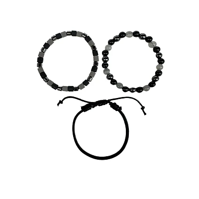 Multi-Pack Black and Grey Beaded and Leather Bracelets - 3 Pack