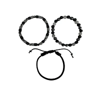 Multi-Pack Black and Grey Beaded and Leather Bracelets - 3 Pack