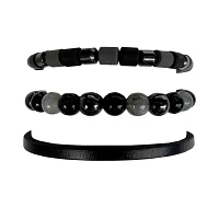 Multi-Pack Black and Grey Beaded and Leather Bracelets - 3 Pack