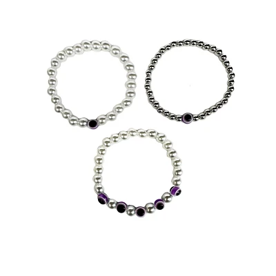 Multi-Pack White and Purple Beaded Evil Eye Bracelets - 3 Pack