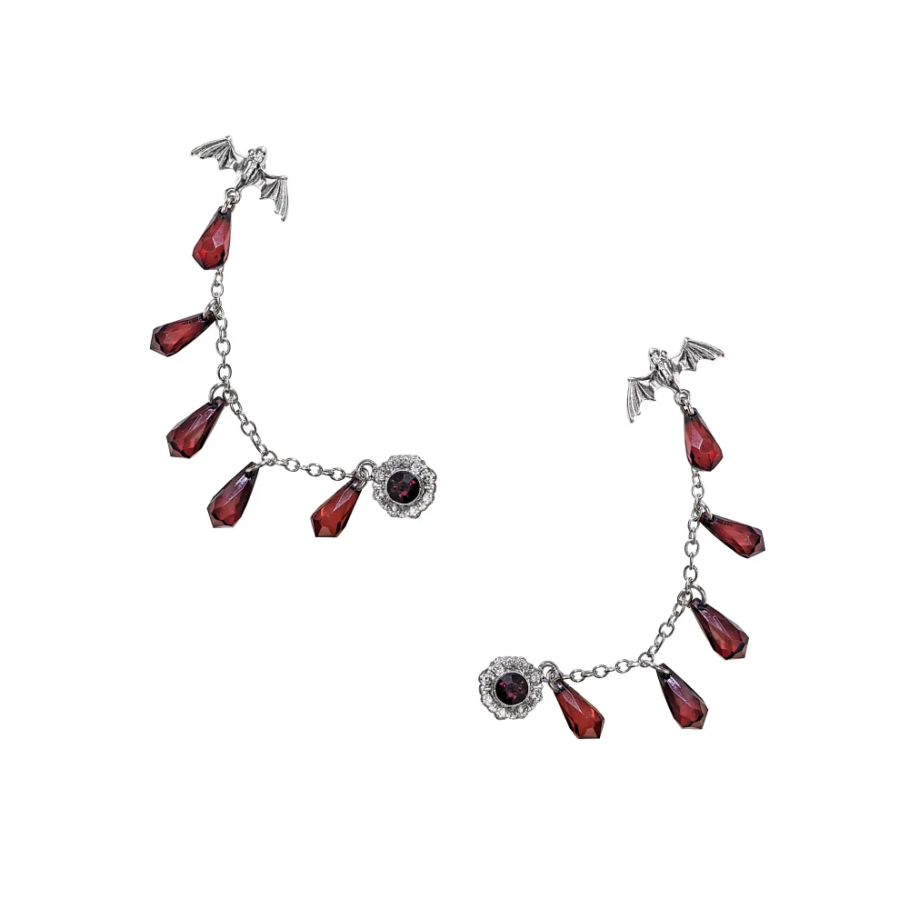 CZ Red and Black Bat Dangle Ear Cuffs