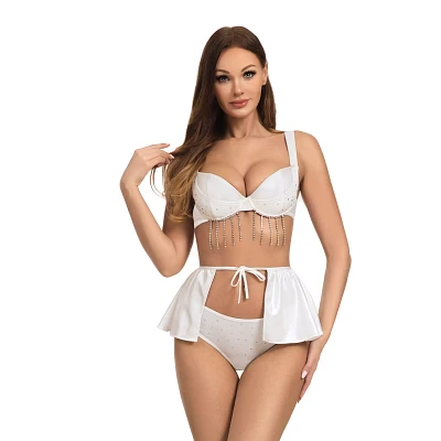 3 Piece White Sequin Lingerie Set