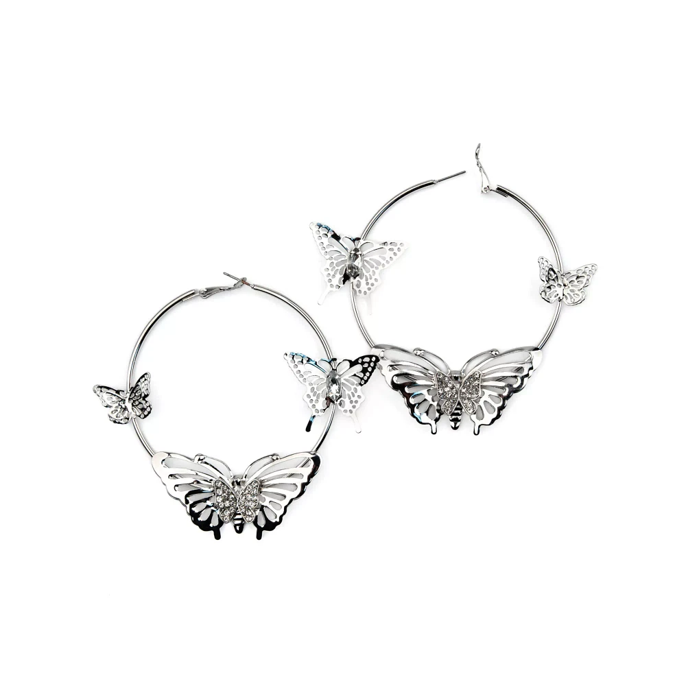 Silvertone Butterfly Hoop Earrings