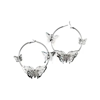 Silvertone Butterfly Hoop Earrings