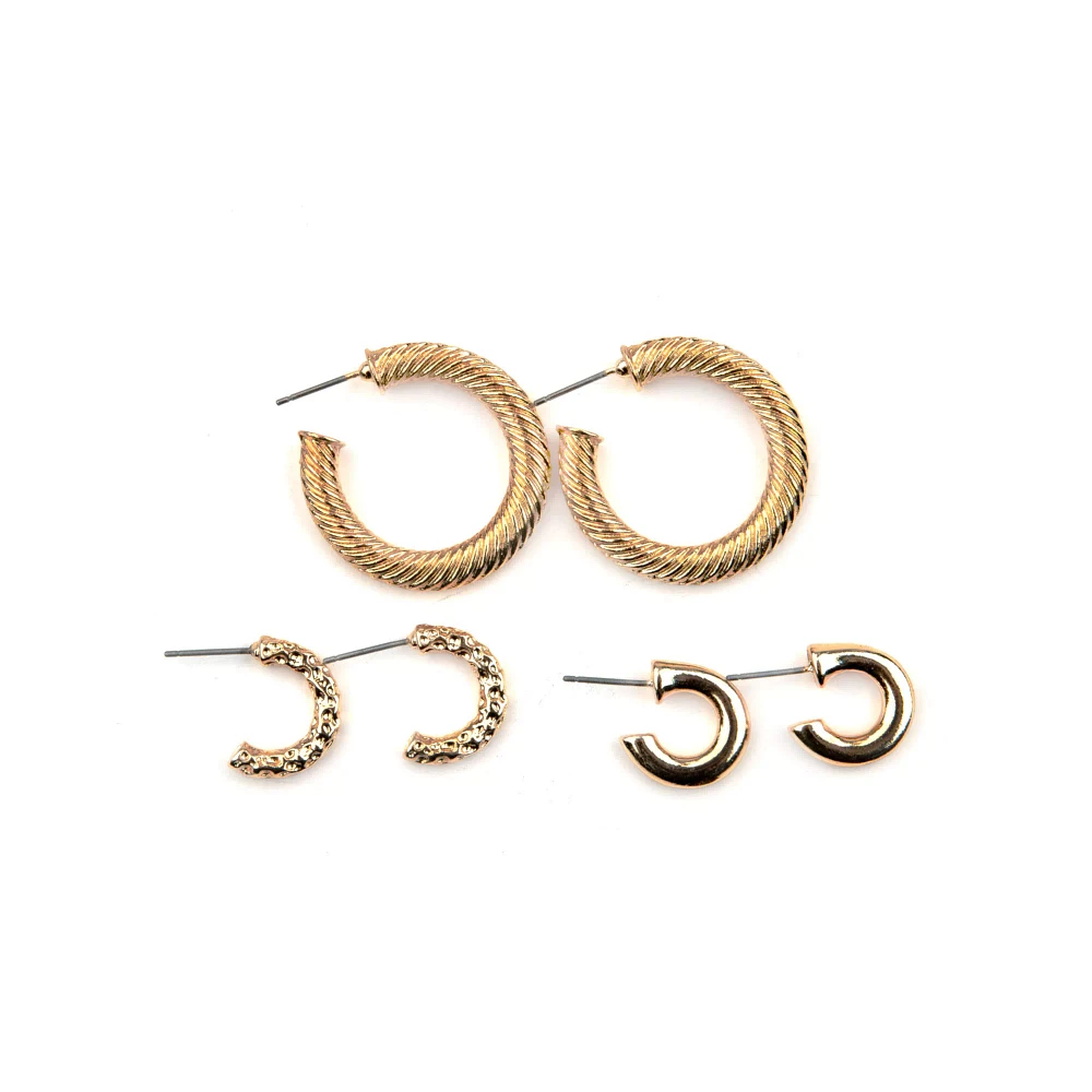 Goldtone Textured Half Hoop Earrings - 3 Pair