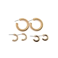 Goldtone Textured Half Hoop Earrings - 3 Pair
