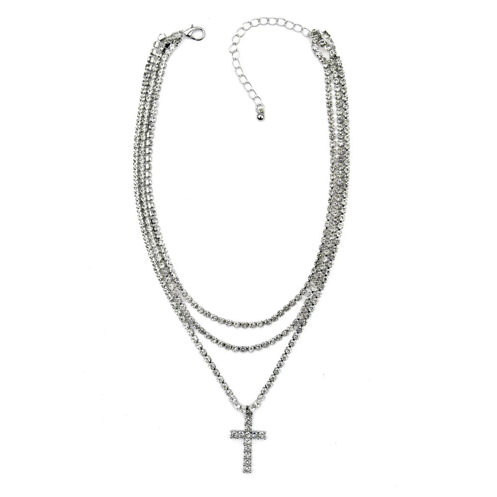 Silvertone 3 Row Chain Cross Necklace