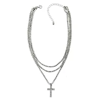 Silvertone 3 Row Chain Cross Necklace