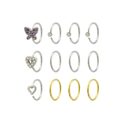Multi-Pack CZ Silvertone and Goldtone Hoop Nose Ring 12 Pack - 20 Gauge