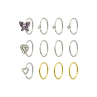 Multi-Pack CZ Silvertone and Goldtone Hoop Nose Ring 12 Pack - 20 Gauge