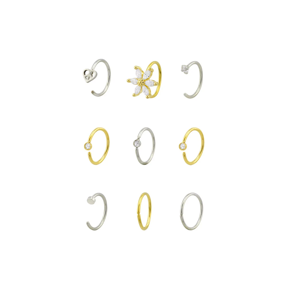 Multi-Pack CZ Goldtone and Silvertone Heart and Flower Hoop and Half Hoop Nose Rings 9 Pack - 20 Gauge