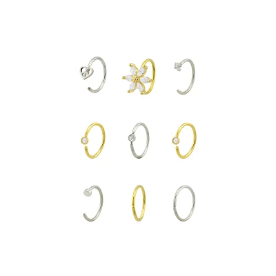 Multi-Pack CZ Goldtone and Silvertone Heart and Flower Hoop and Half Hoop Nose Rings 9 Pack - 20 Gauge