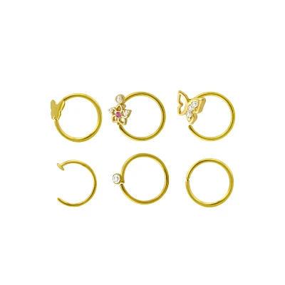 Multi-Pack CZ Goldtone Butterfly Hoop and Half Hoop Nose Rings 6 Pack - 20 Gauge