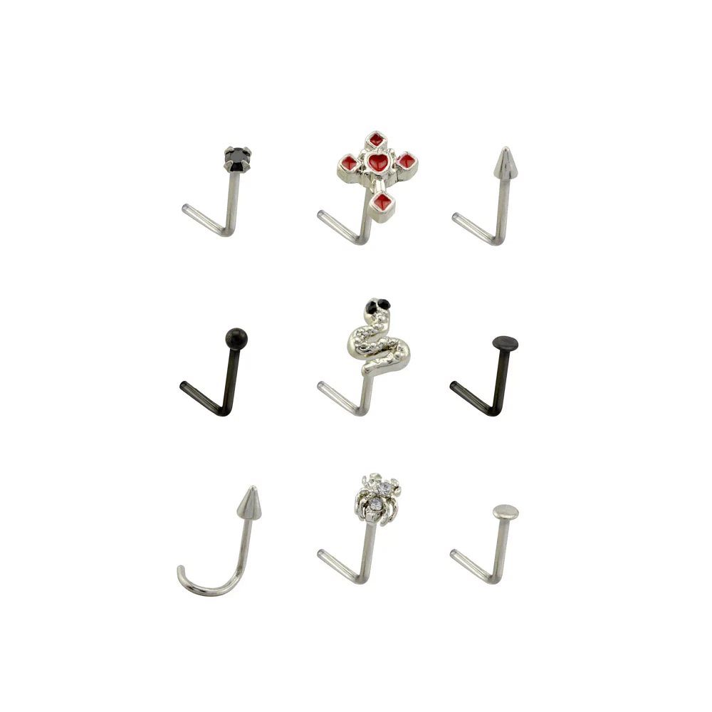 Multi-Pack Titanium Cross and Spider L-Bend Nose Pins 9 Pack - 20 Gauge