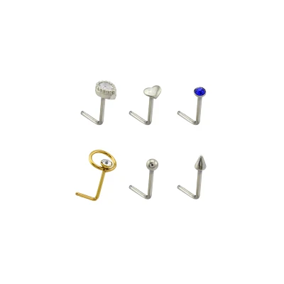 Multi-Pack Titanium Heart L-Bend Nose Pins 6 Pack - 22 Gauge