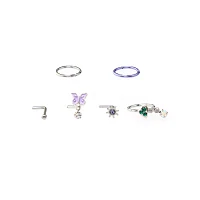 Multi-Pack Butterfly & Mushroom L-Bend Nose Rings and Hoop 6 Pack - 18 Gauge