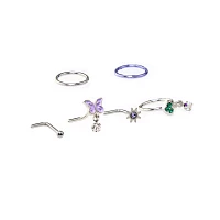 Multi-Pack Butterfly & Mushroom L-Bend Nose Rings and Hoop 6 Pack - 18 Gauge