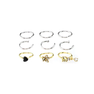 Multi-Pack CZ Heart Goldtone and Silvertone Hoop and Half Hoop Nose Rings 9 Pack - 18 Gauge