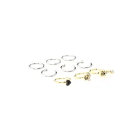 Multi-Pack CZ Heart Goldtone and Silvertone Hoop and Half Hoop Nose Rings 9 Pack - 18 Gauge