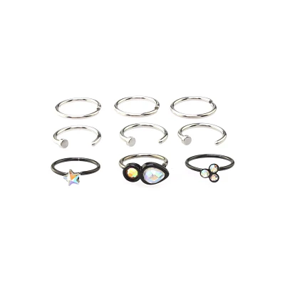 Multi-Pack CZ Star Black and Silvertone Hoop and Half Hoop Nose Rings 9 Pack - 20 Gauge