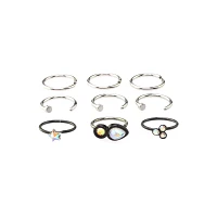 Multi-Pack CZ Star Black and Silvertone Hoop and Half Hoop Nose Rings 9 Pack - 20 Gauge