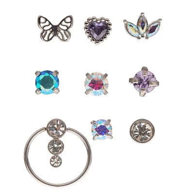 Multi-Pack Butterfly and Heart Pin Nose Rings 9 Pack - 20 Gauge