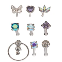 Multi-Pack Butterfly and Heart Pin Nose Rings 9 Pack - 20 Gauge