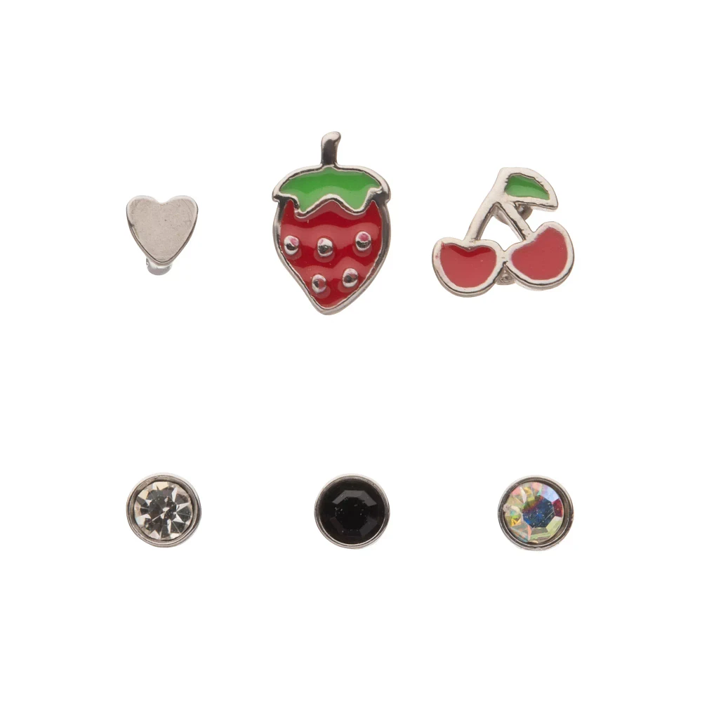 Multi-Pack CZ Heart Strawberry Cherry Pin Nose Rings6 Pack - 20 Gauge