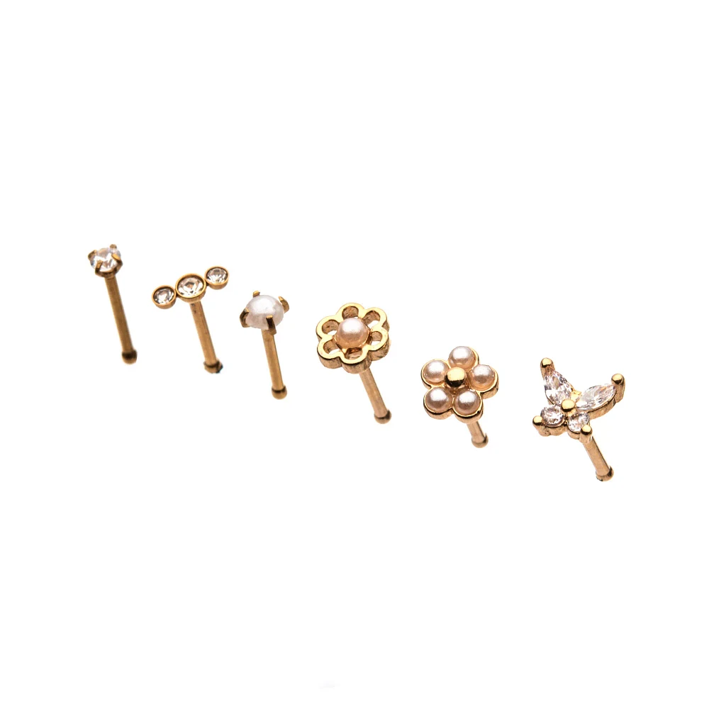 Multi-Pack CZ Goldtone Flower and Butterfly Pin Nose Rings 6 Pack - 20 Gauge