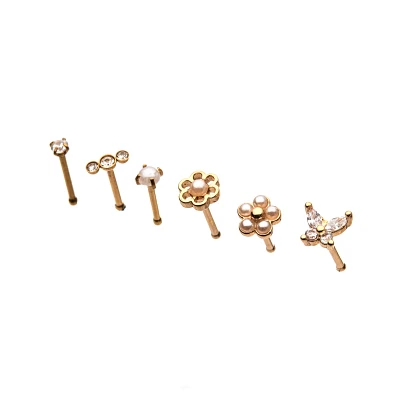 Multi-Pack CZ Goldtone Flower and Butterfly Pin Nose Rings 6 Pack - 20 Gauge