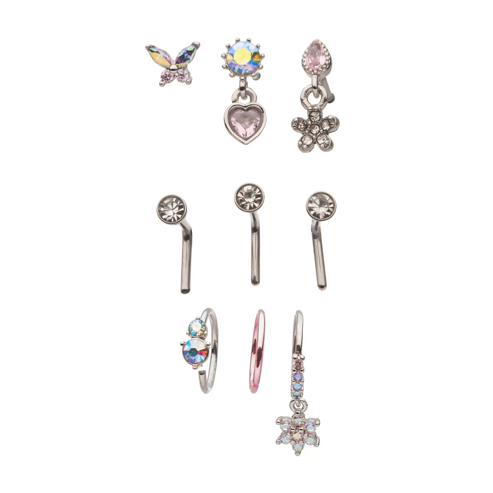 Multi-Pack CZ Butterfly Heart Star Pin L-Bend and Hoop Nose Rings 9 Pack - 20 Gauge