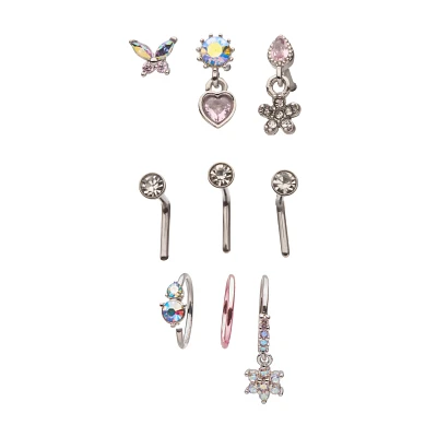 Multi-Pack CZ Butterfly Heart Star Pin L-Bend and Hoop Nose Rings 9 Pack - 20 Gauge