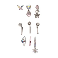 Multi-Pack CZ Butterfly Heart Star Pin L-Bend and Hoop Nose Rings 9 Pack - 20 Gauge