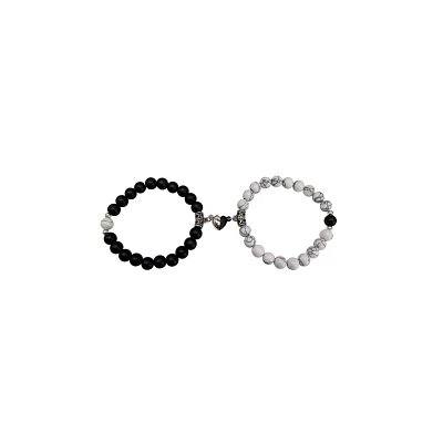 Black and White Marble Magnetic Long Distance Beaded Bracelets - 2 Pack