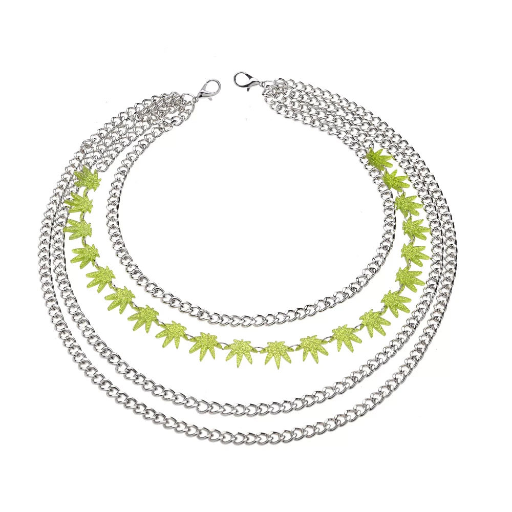 4 Row Stacked Chain Weed Leaf Necklace
