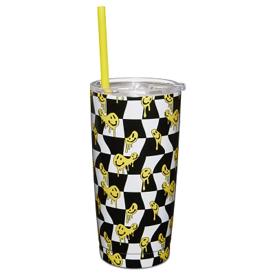 Checkered Drippy Smiley Face Cup with Straw -  20 oz.