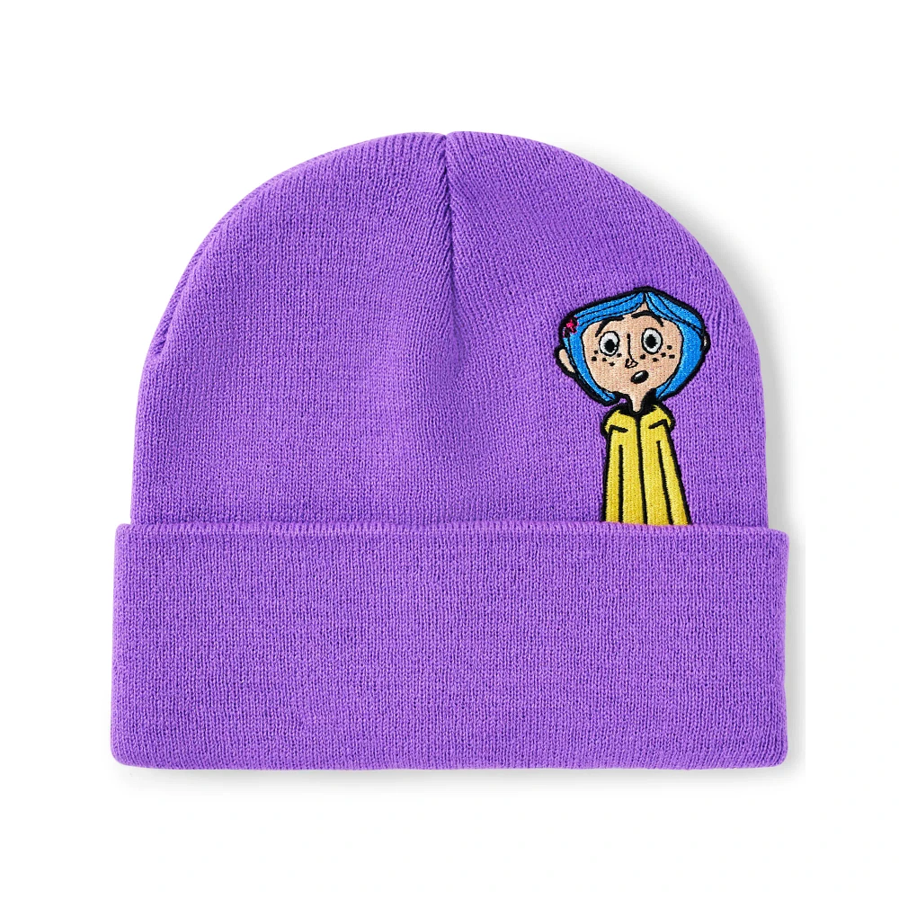 Purple Coraline and Cat Cuff Beanie Hat