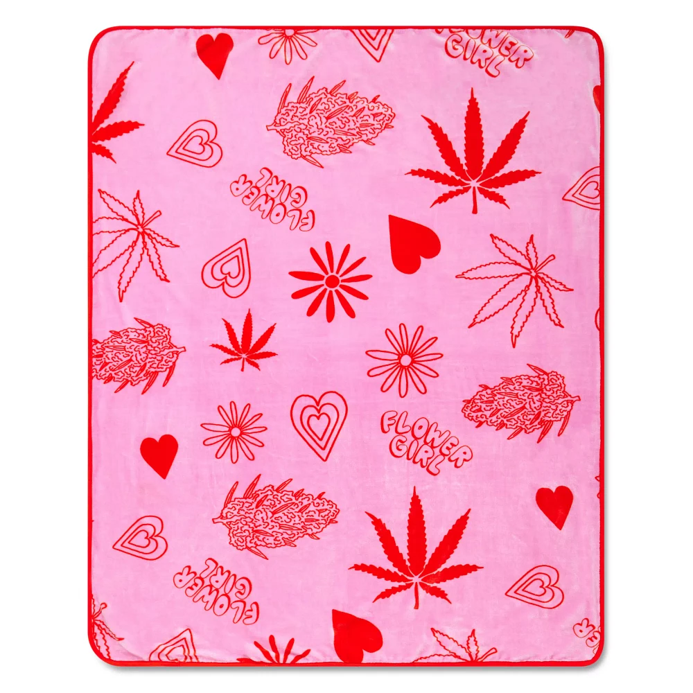 Pink Flower Girl Weed Leaf Fleece Blanket