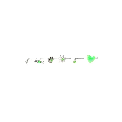 Multi-Pack CZ Green Weed Leaf L-Bend Nose Rings 6 Pack - 20 Gauge