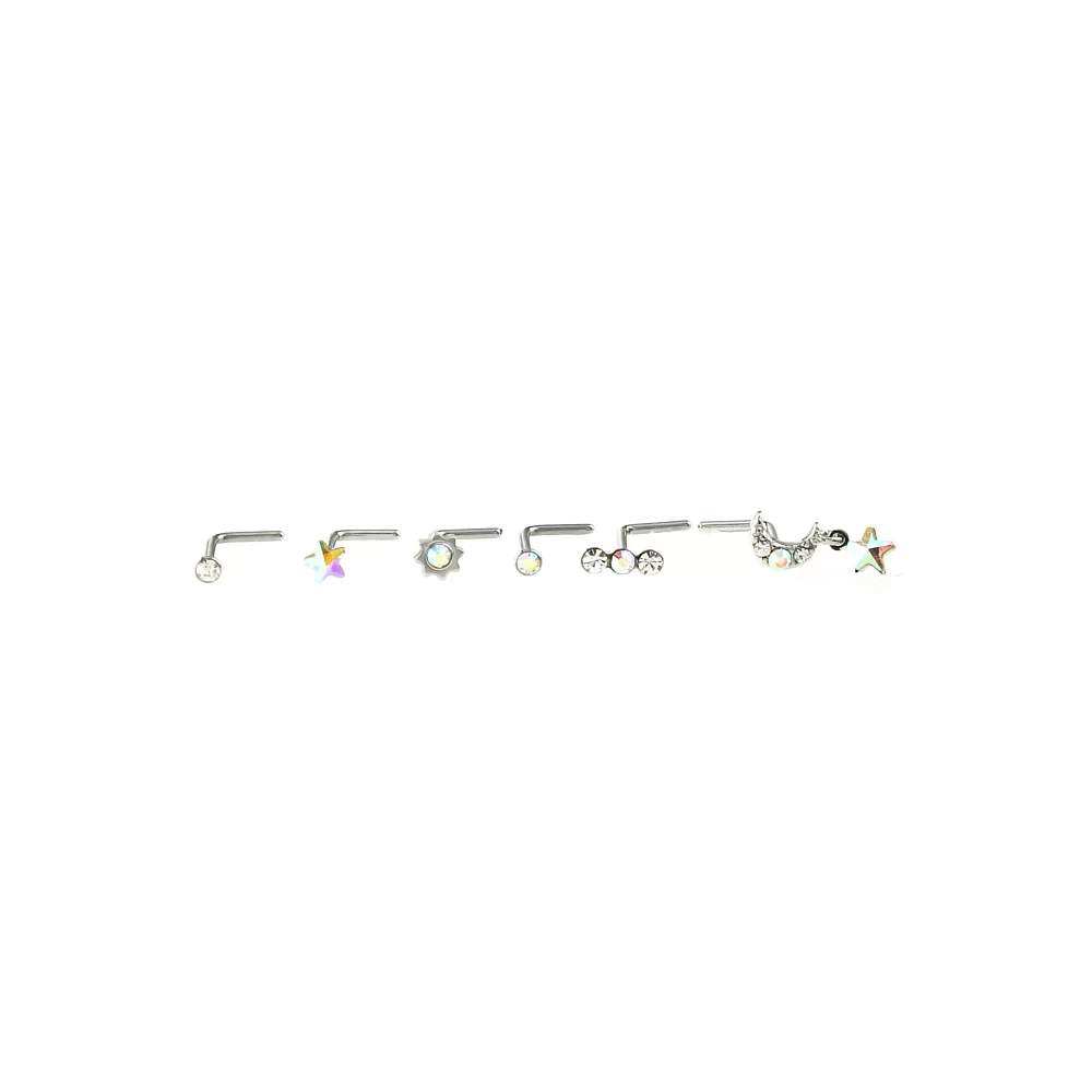 Multi-Pack CZ Dangle Moon L-Bend Nose Ring 6 Pack - 20 Gauge