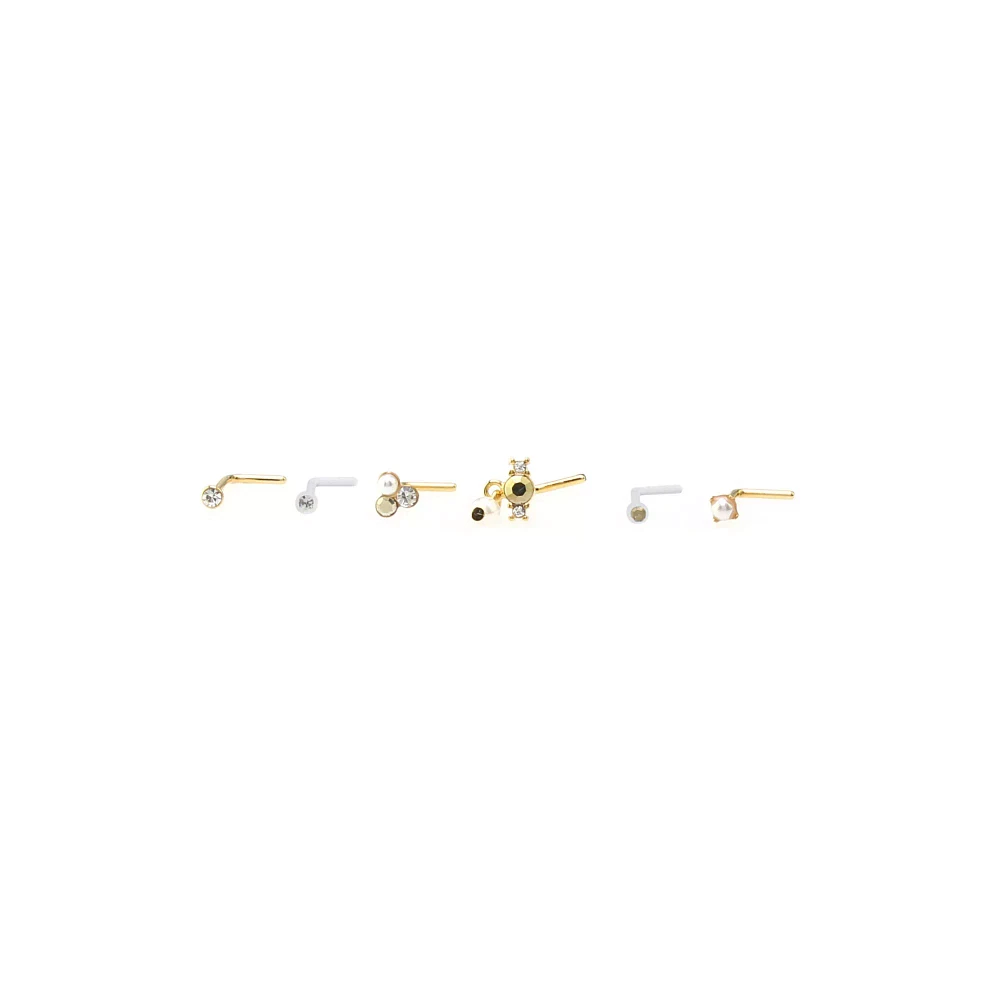 Multi-Pack CZ Silvertone and Goldtone Ornate Circle L-Bend Nose Rings 6 Pack - 20 Gauge