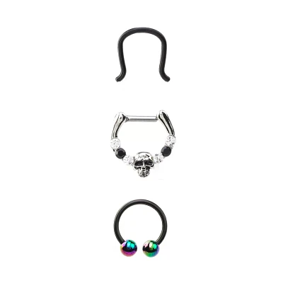 Multi-Pack Black CZ Skull Septum Ring Horseshoe Ring and Retainer 3 Pack - 16 Gauge