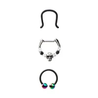 Multi-Pack Black CZ Skull Septum Ring Horseshoe Ring and Retainer 3 Pack - 16 Gauge