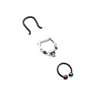 Multi-Pack Black CZ Skull Septum Ring Horseshoe Ring and Retainer 3 Pack - 16 Gauge