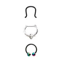 Multi-Pack Black CZ Skull Septum Ring Horseshoe Ring and Retainer 3 Pack - 16 Gauge