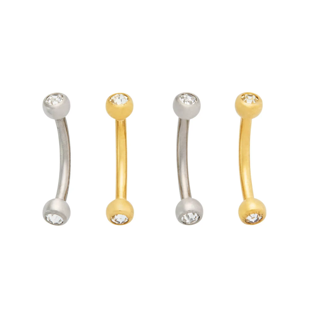 Multi-Pack CZ Goldtone and Silvertone Curved Barbells 4 Pack - 16 Gauge