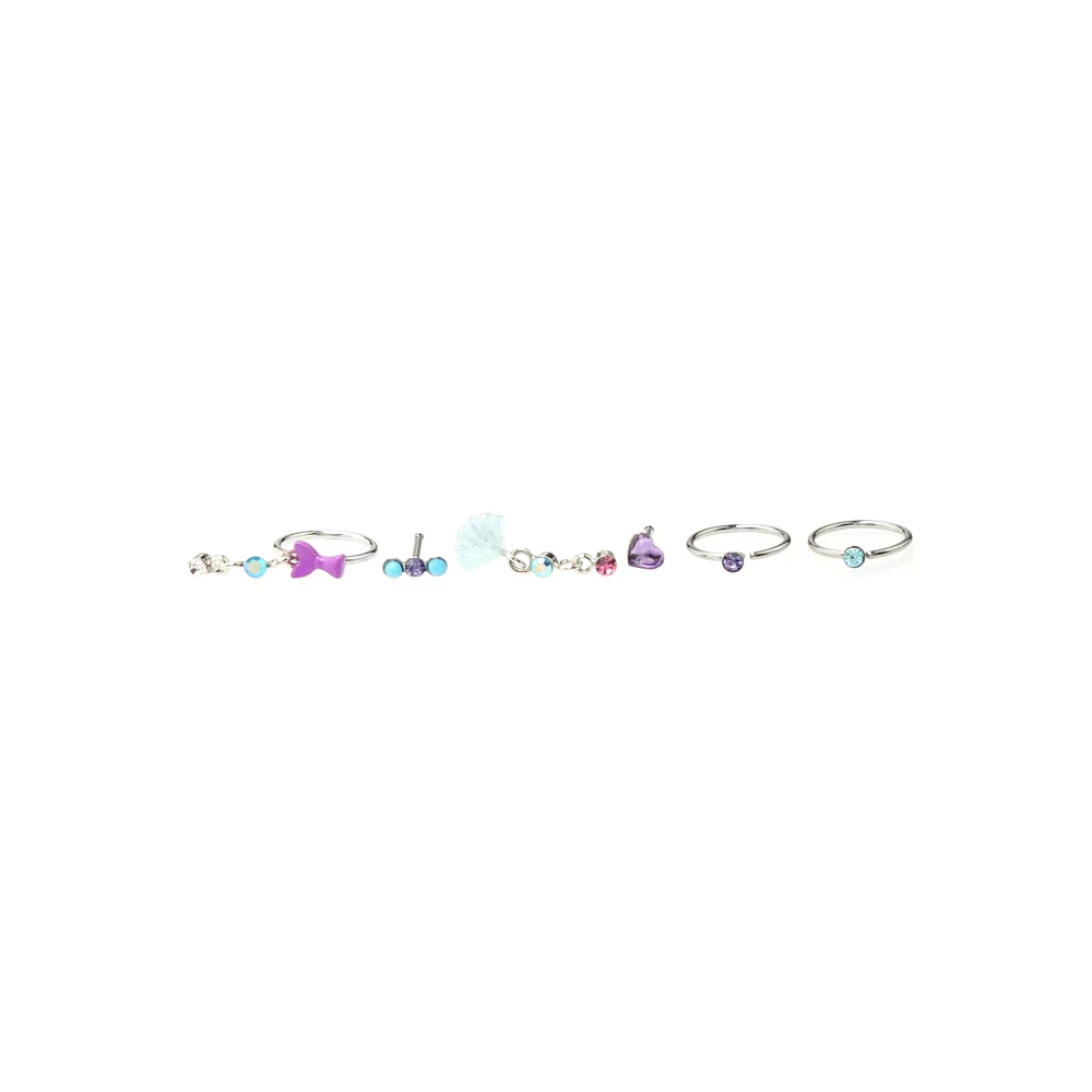 Multi-Pack CZ Blue and Purple Shell Nose Pins and Hoop Nose Rings 6 Pack -20 Gauge