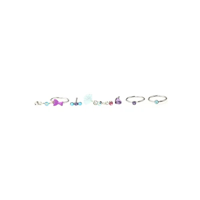 Multi-Pack CZ Blue and Purple Shell Nose Pins and Hoop Nose Rings 6 Pack -20 Gauge