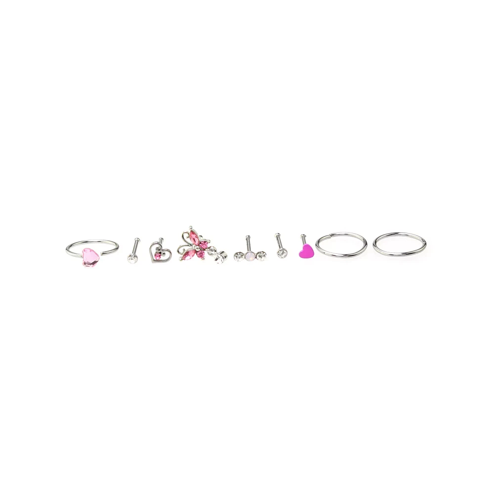 Multi-Pack CZ Heart Hoop Nose Rings and Bone Nose Rings 9 Pack - 20 Gauge